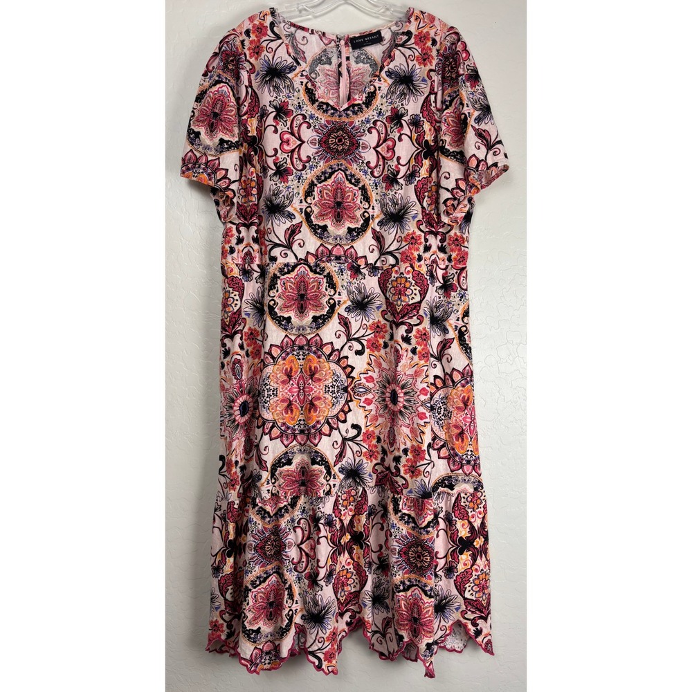 Lane Bryant Pink Floral Linen Blend Tiered Scallop Hem Dress Plus 22‎ 2125